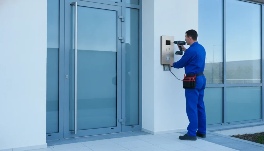 Instalare interfon bloc - tehnician care monteaza un videointerfon la intrarea in bloc