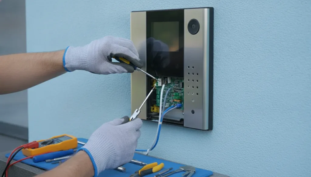 Reparatii interfon Bucuresti - tehnician care repara un videointerfon